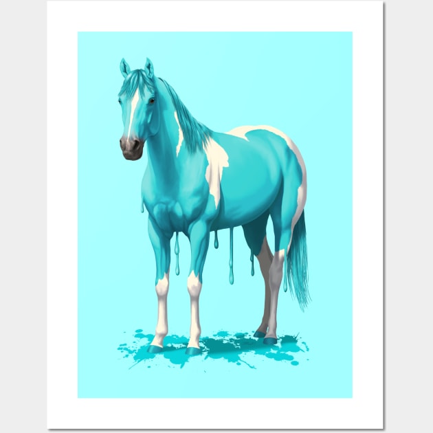 Bright Cyan Blue Pinto Dripping Wet Paint Horse Wall Art by csforest